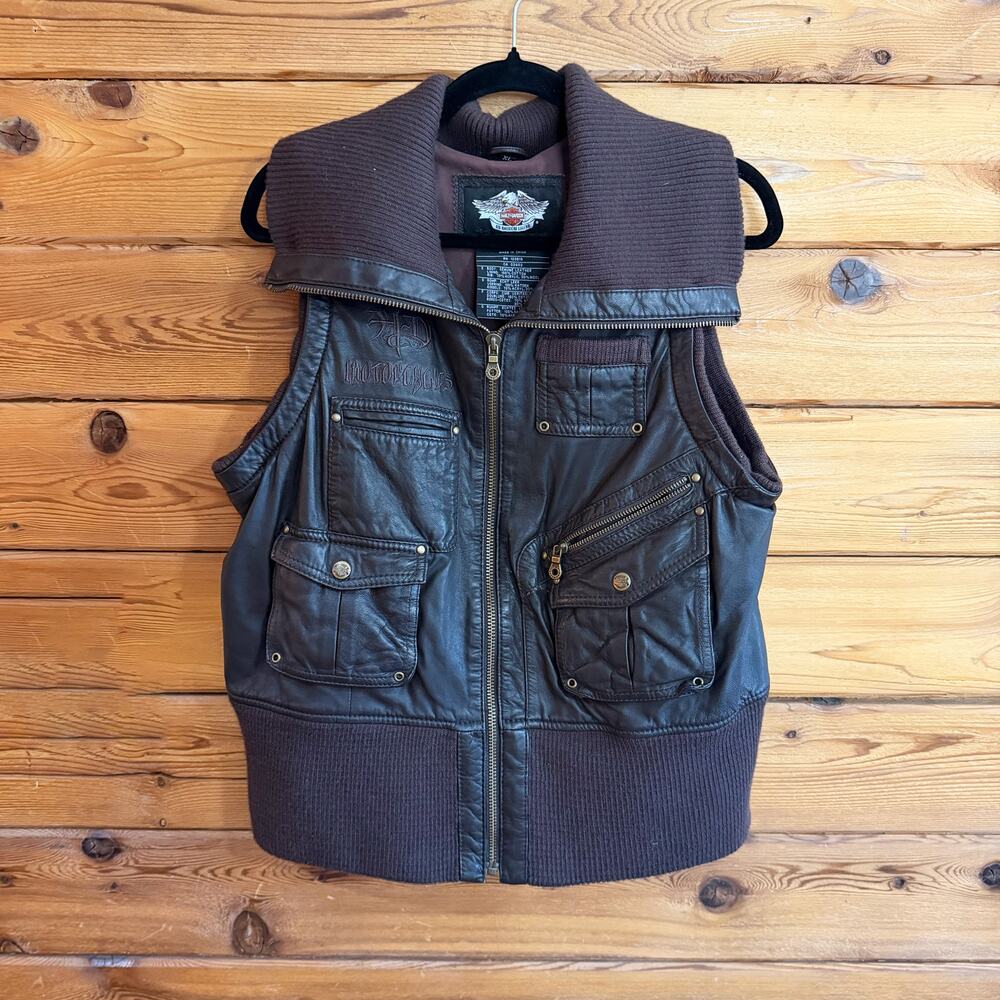 Harley Davidson Women's Dark Brown Leather Vest zip up pockets tall neck XL